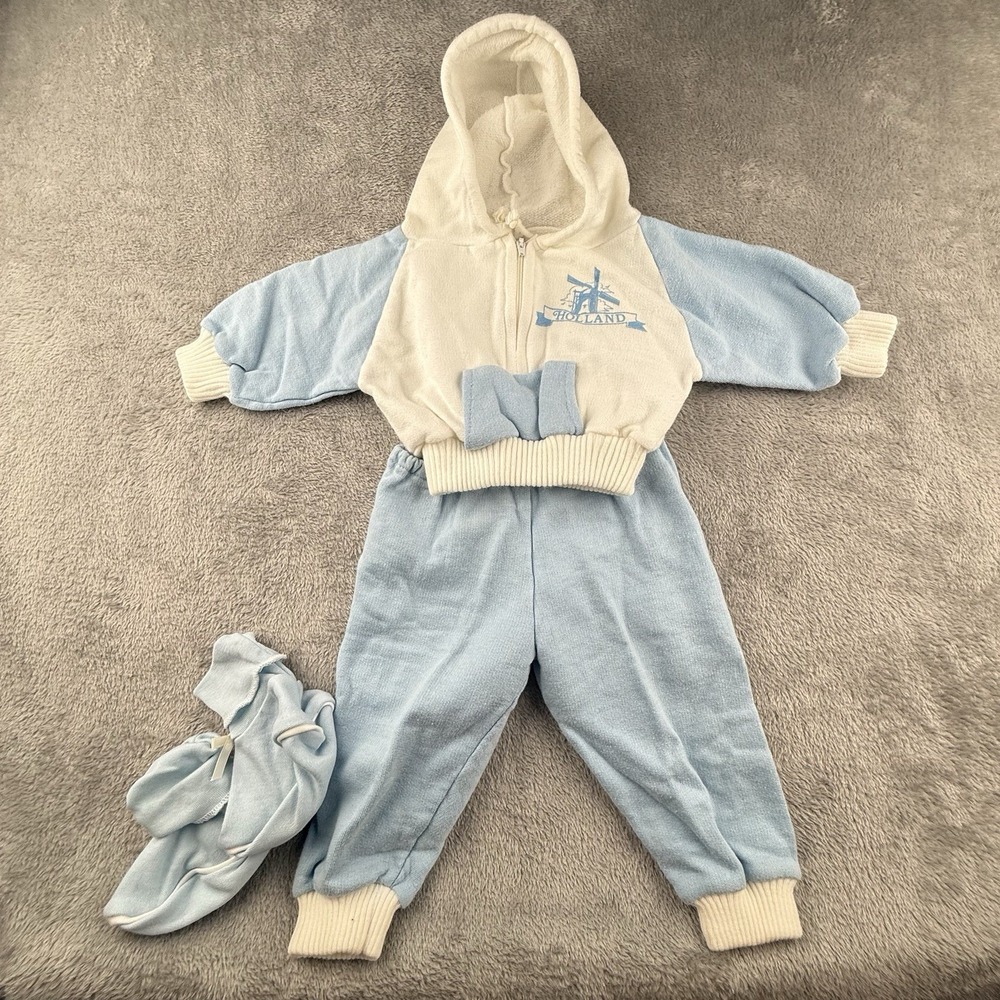 Vintage Holland Michigan Infant Jogger Set 6-9‎ Months Blue 1980s Booties Hooded
